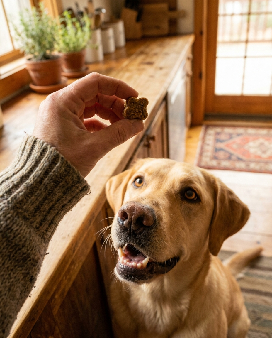 Hannah giving a Tailspring chew to her dog