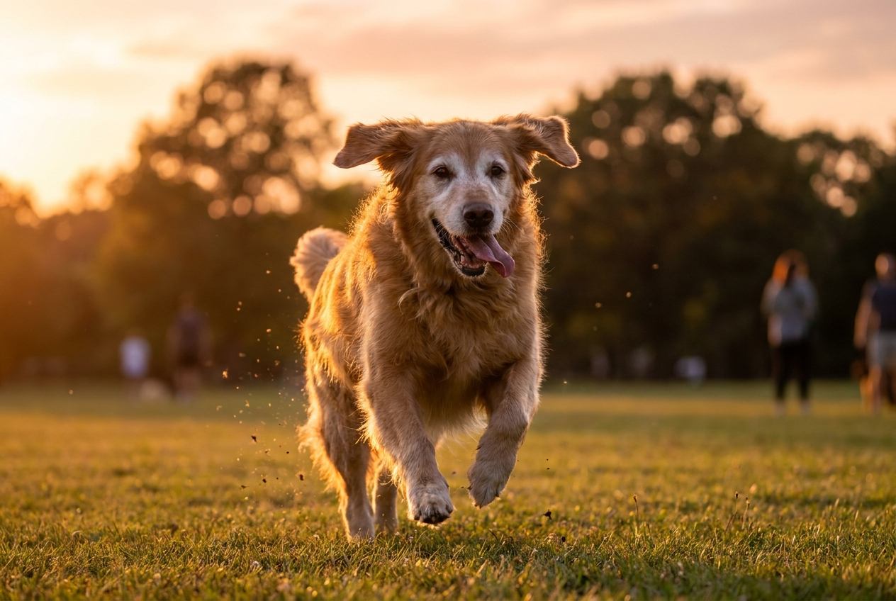 Senior golden retriever running joyfully through a sunlit park