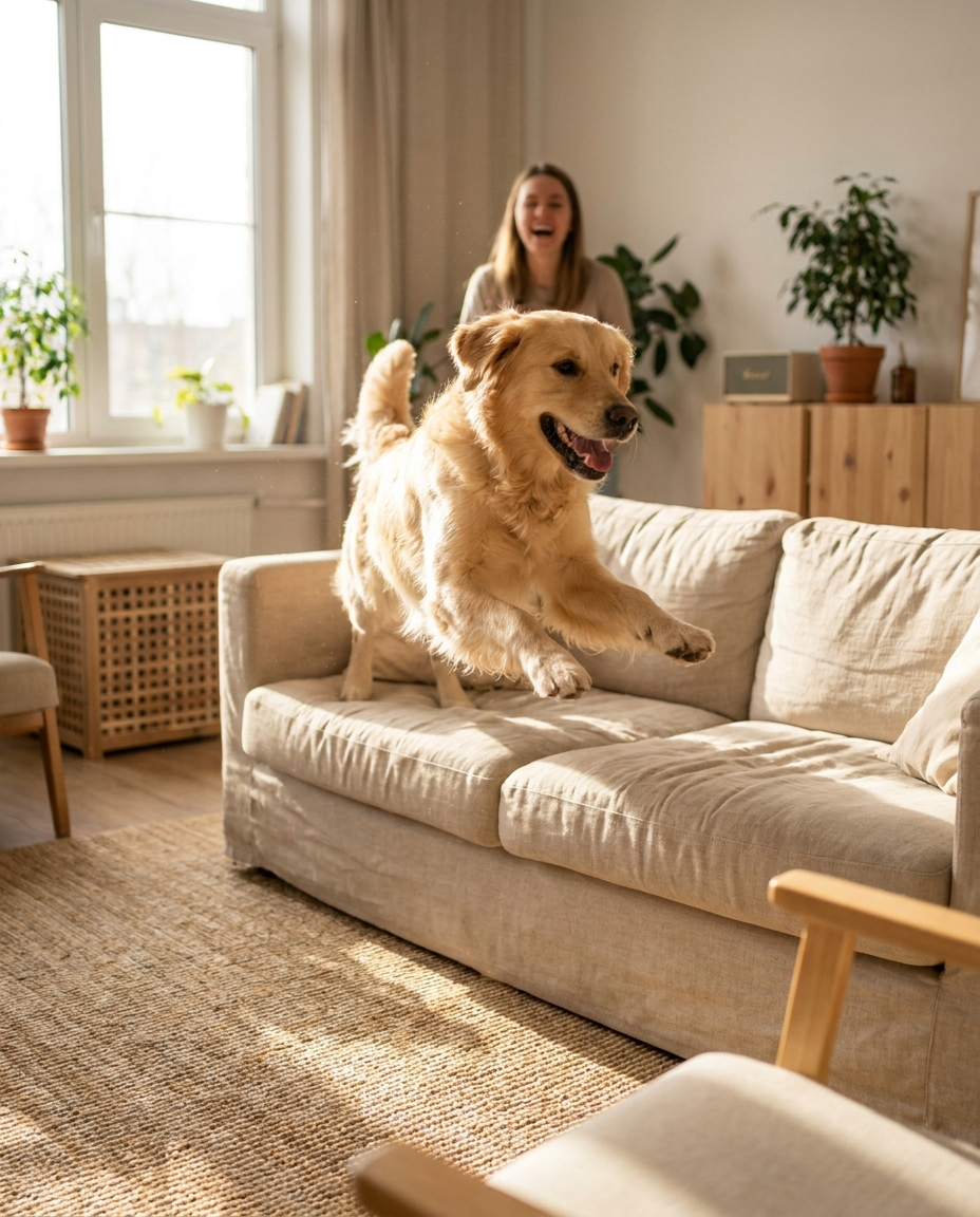 Biscuit jumping onto the couch again at day 30